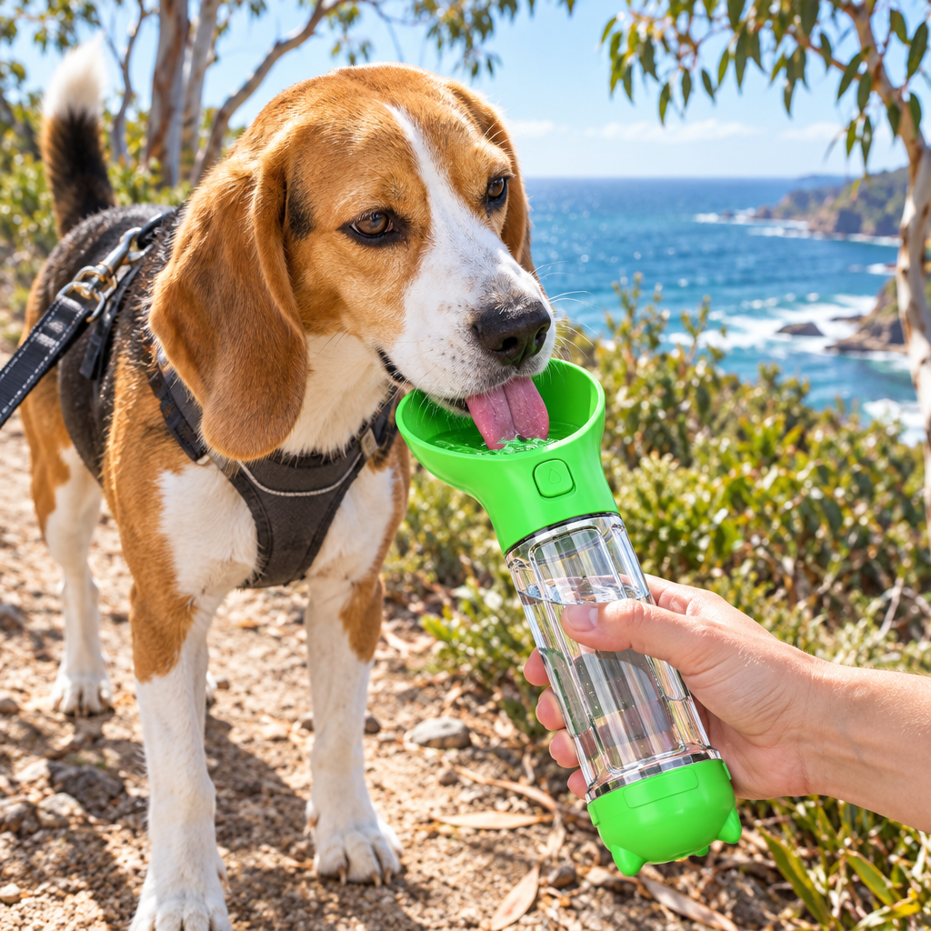 Beagle drinking from the lime green travel bottle on a coastal walk