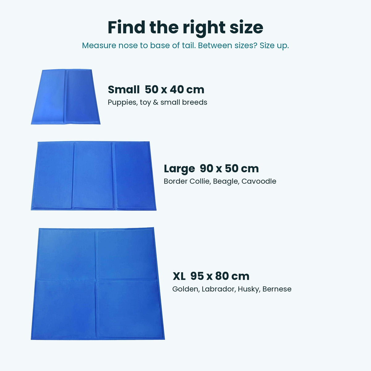 Dog cooling mat size guide: Small 50 x 40 cm, Large 90 x 50 cm, XL 95 x 80 cm