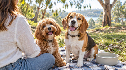 A smiling Cavoodle and a Beagle sitting on a picnic rug with their owner in a sunny Australian park, with a water bowl beside them
