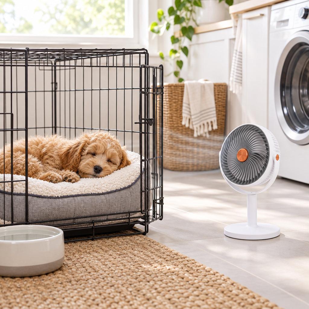 A happy Cavoodle puppy resting in a cosy crate with a soft blanket