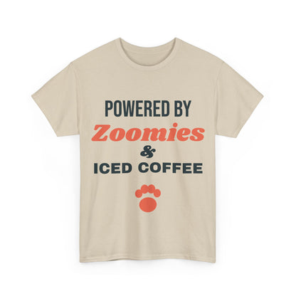 Sand Powered by Zoomies and Iced Coffee tee, front print