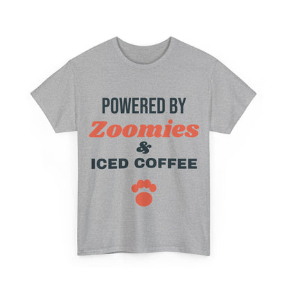 Sport grey Powered by Zoomies and Iced Coffee tee, front print