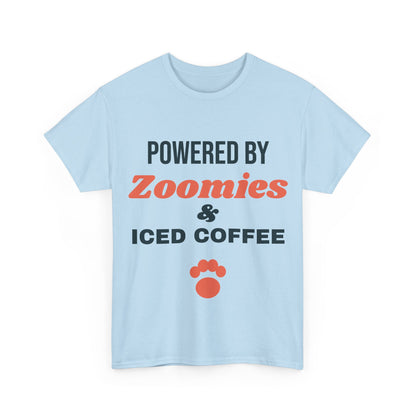 Light blue Powered by Zoomies and Iced Coffee tee, front print
