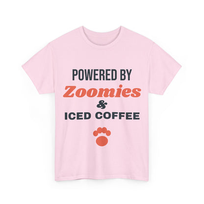 Light pink Powered by Zoomies and Iced Coffee tee, front print