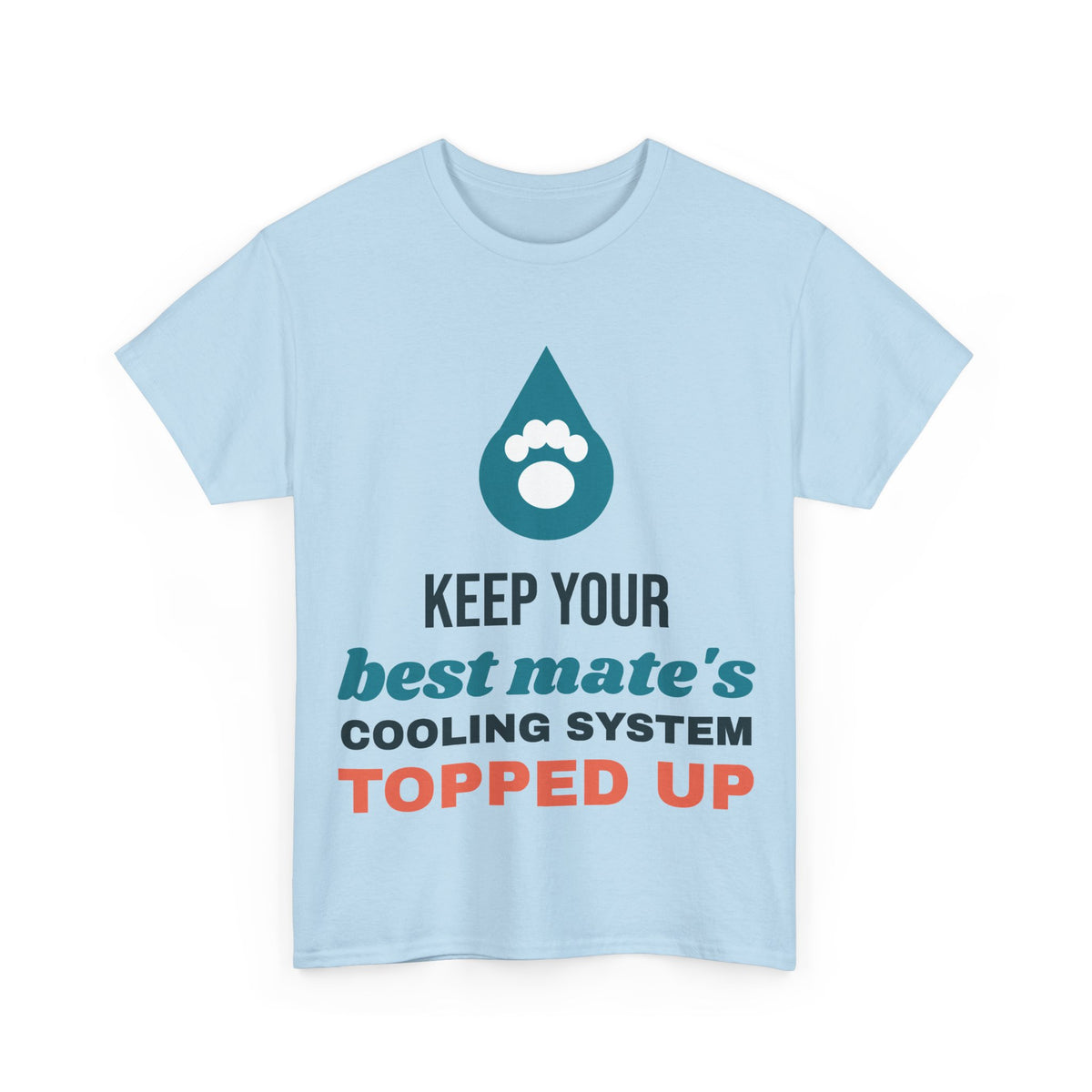 Light blue Keep Your Best Mate Topped Up tee, front print