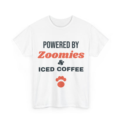 White Powered by Zoomies and Iced Coffee tee, front print