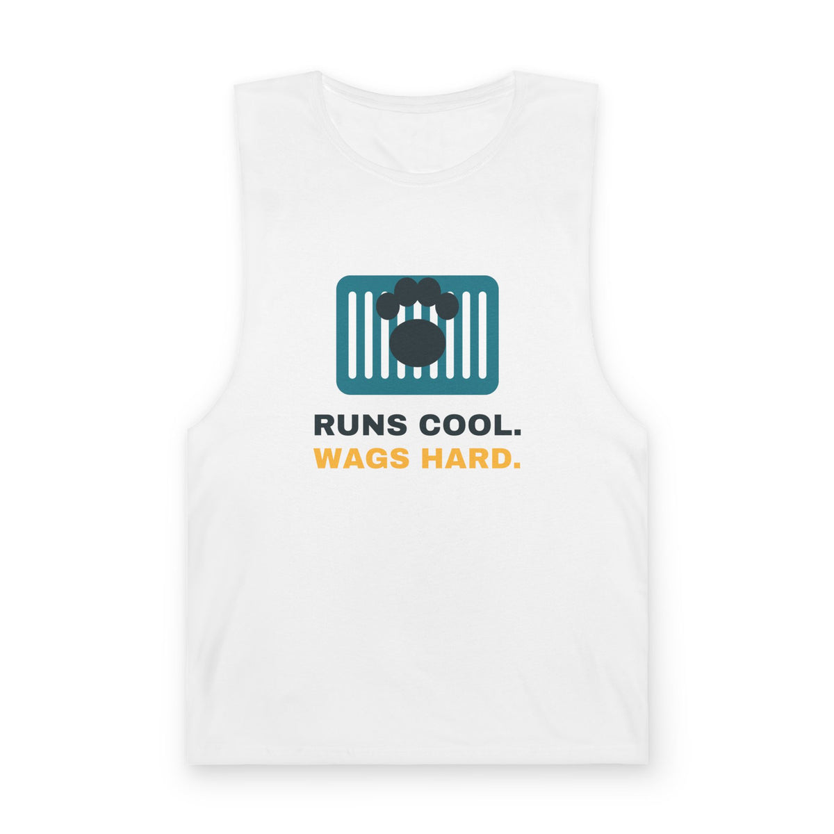 White Runs Cool. Wags Hard. singlet, front print