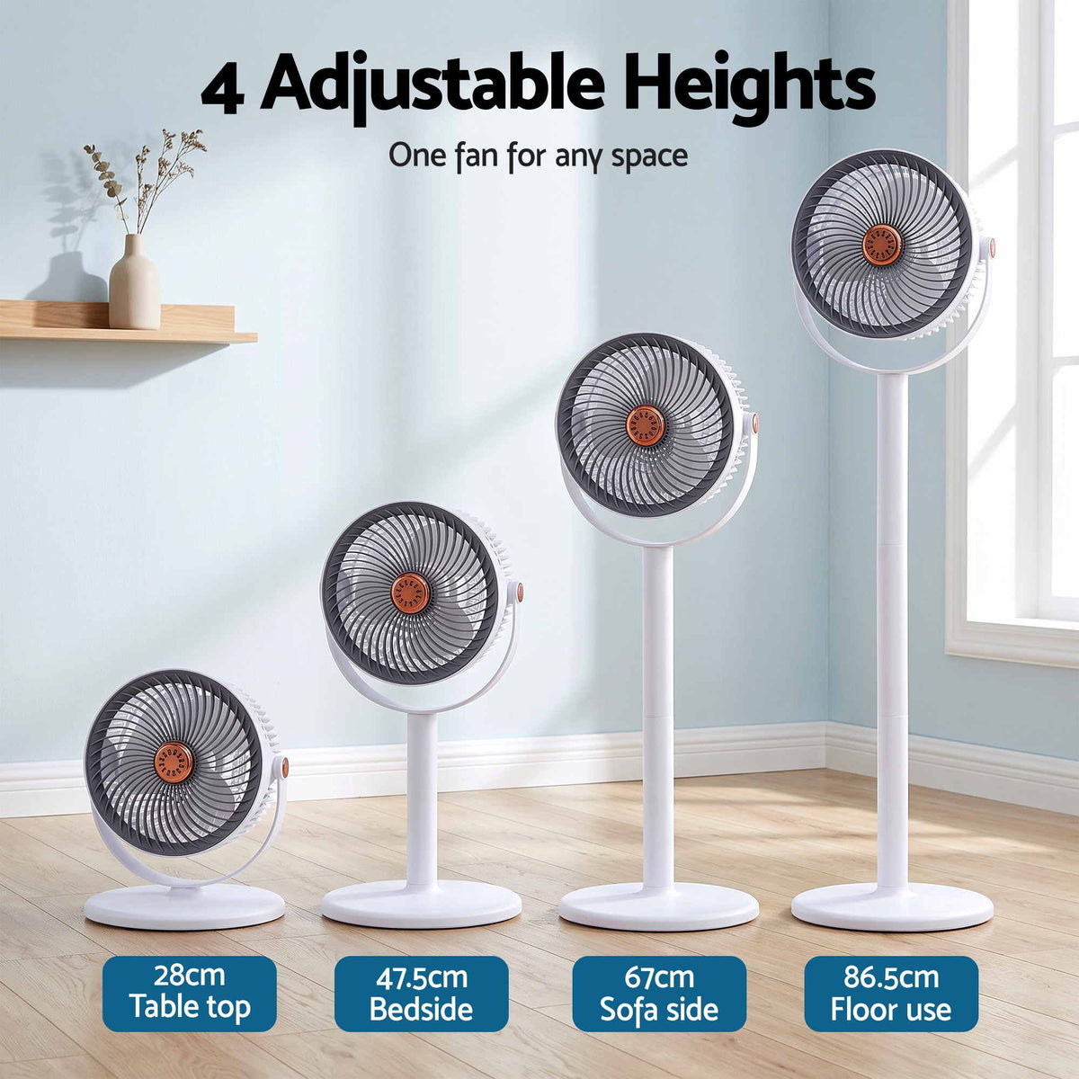 Pet cooling fan four adjustable heights from 28 cm tabletop to 86.5 cm floor