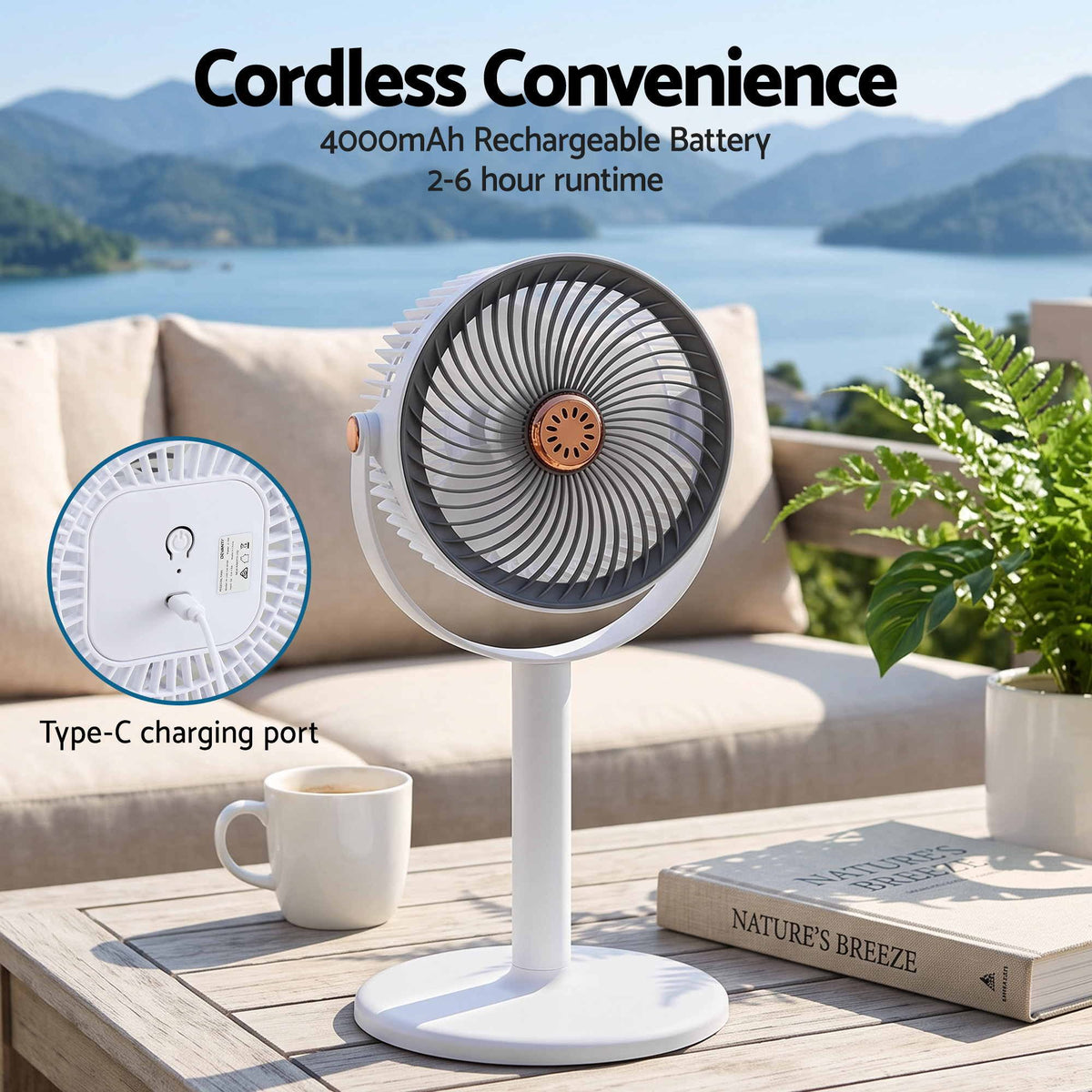 Cordless pet fan with 4000mAh rechargeable battery and Type-C charging