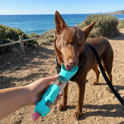 Red Kelpie drinking from the Aqua leak-proof dog travel water bottle on a coastal track