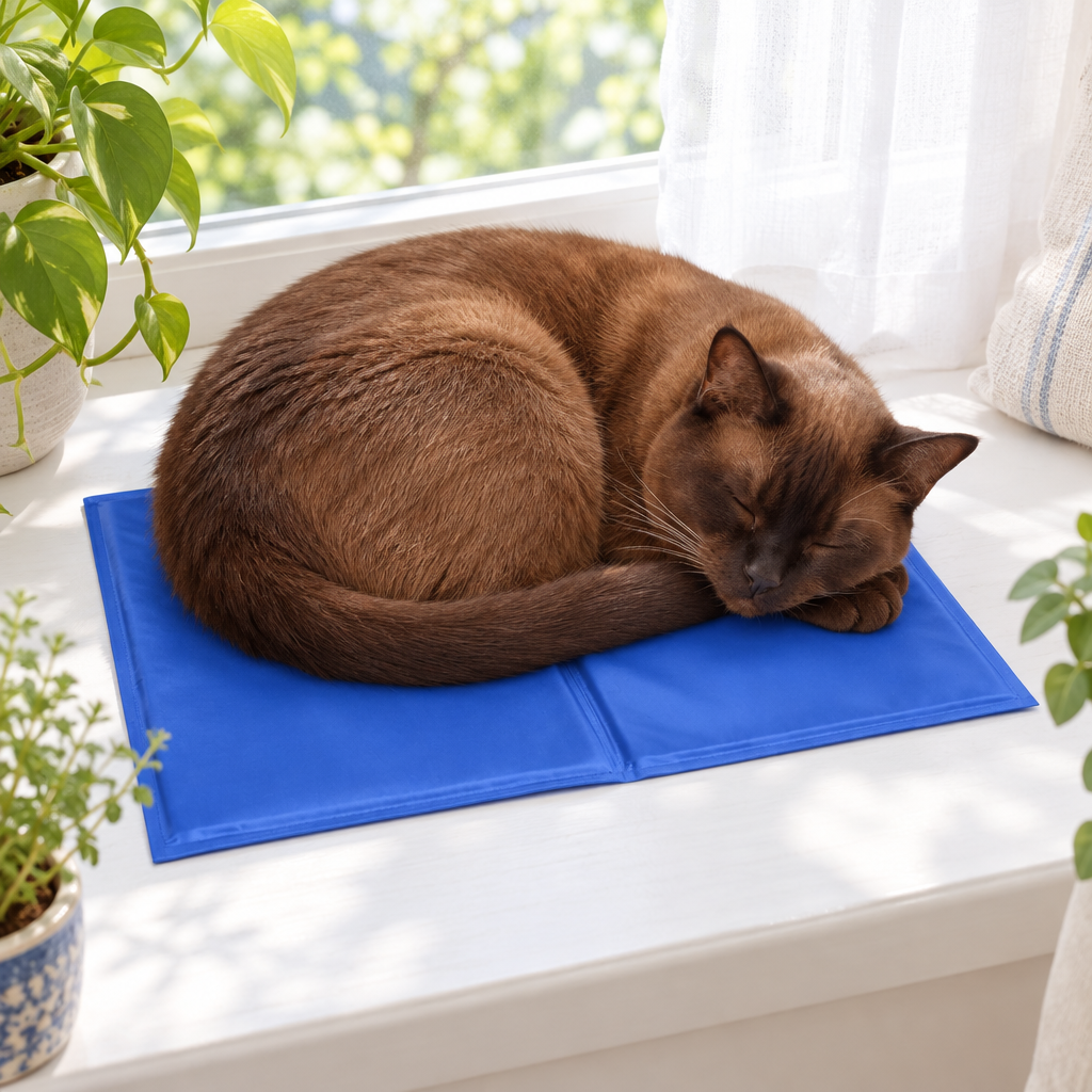 Burmese cat asleep on the XS gel cooling mat on a windowsill