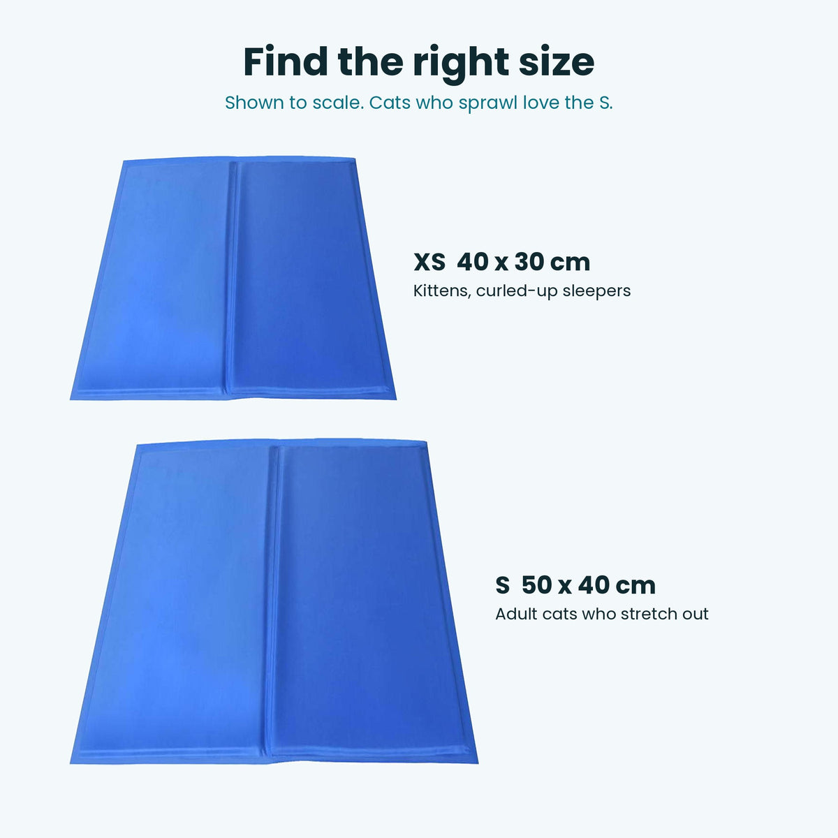 Cat cooling mat size guide: XS 40 x 30 cm and S 50 x 40 cm