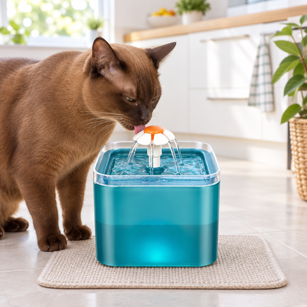 Burmese cat drinking from the teal pet water fountain