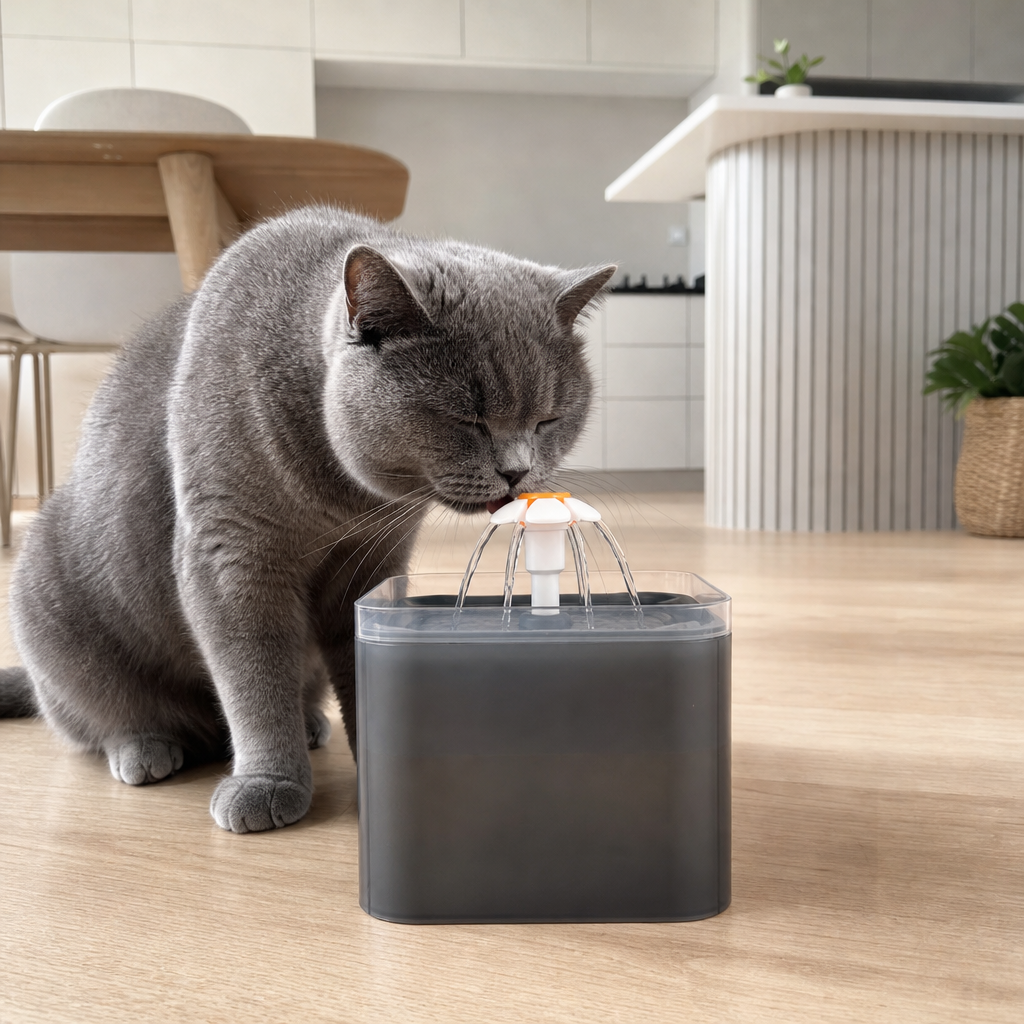 British Shorthair cat drinking from the Charcoal 2L pet water fountain