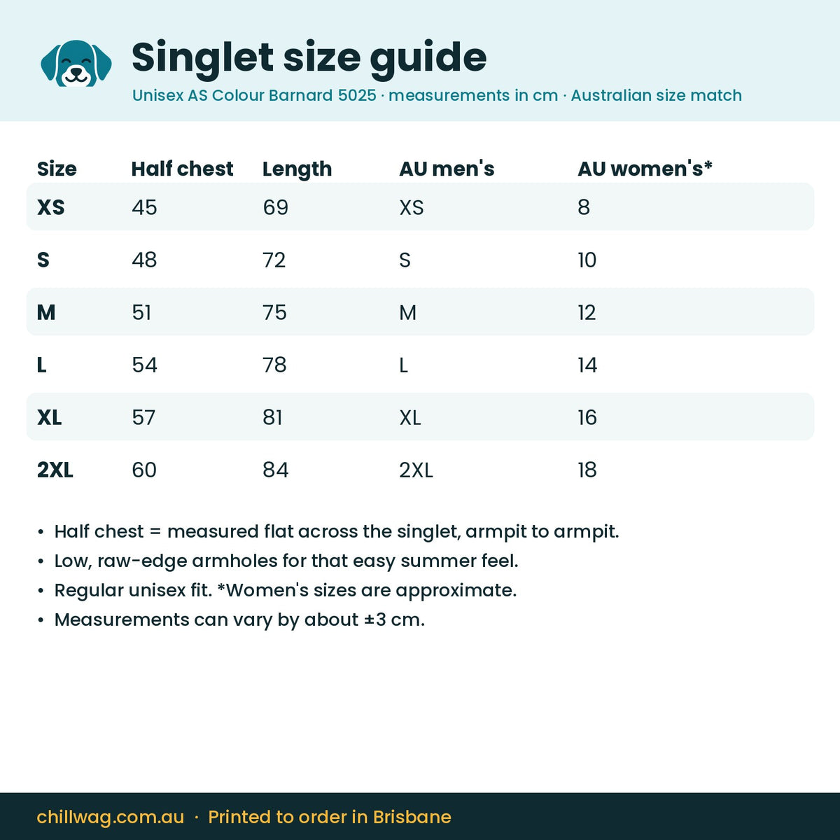 Chill Wag singlet size guide in centimetres with Australian men's and women's size equivalents