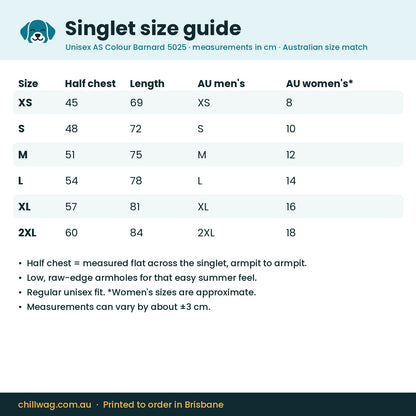 Chill Wag singlet size guide in centimetres with Australian men's and women's size equivalents