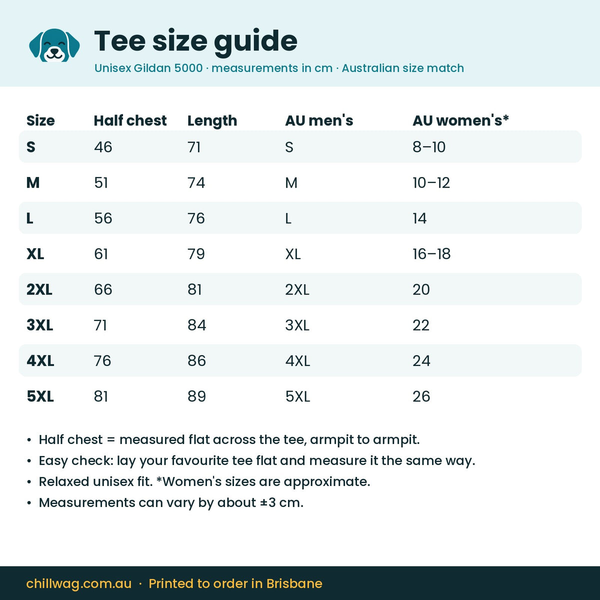 Chill Wag tee size guide in centimetres with Australian men's and women's size equivalents