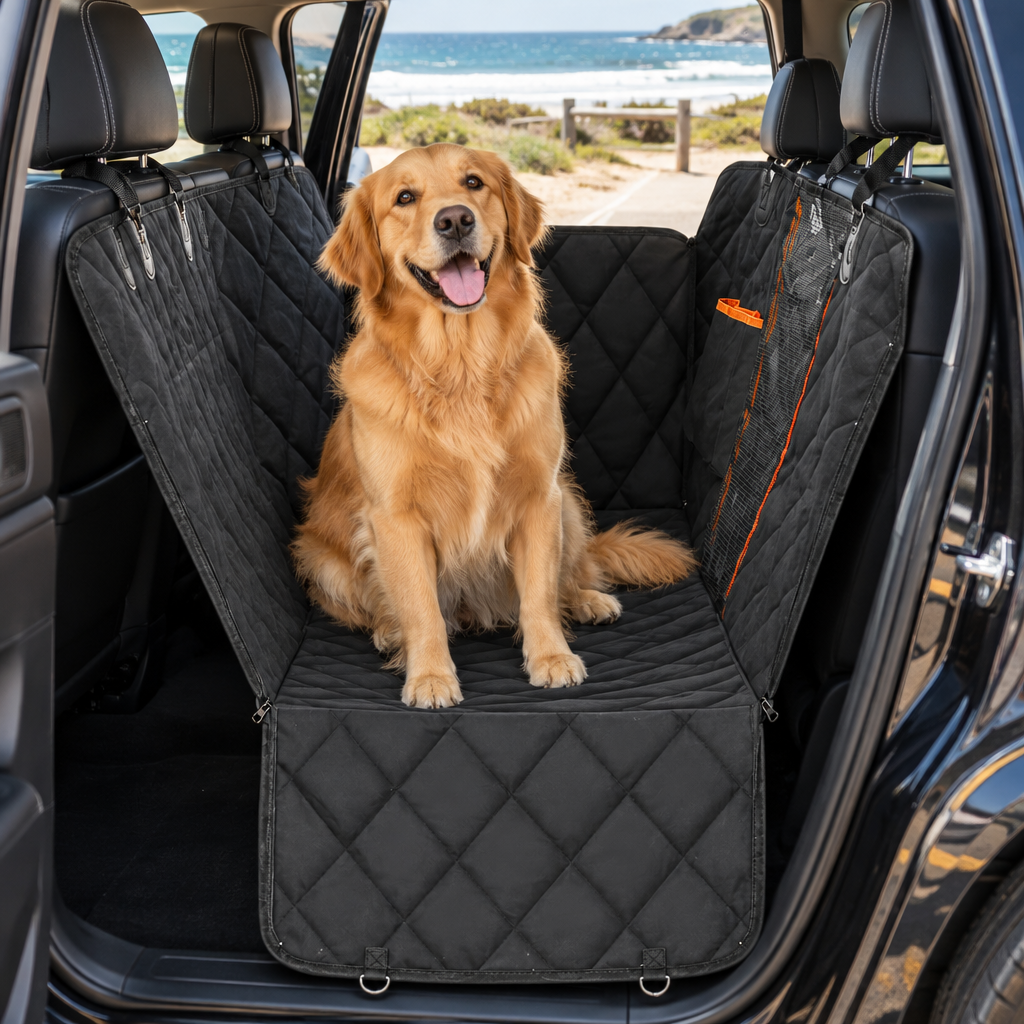 Golden Retriever on the hammock seat cover in an SUV