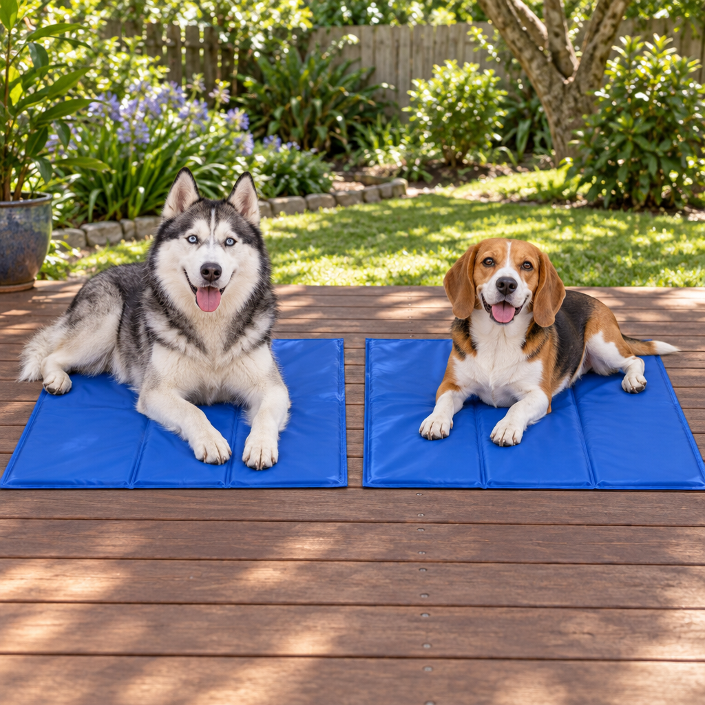 Husky and Beagle on two Large gel cooling mats, 2-Pack