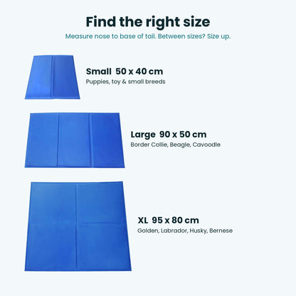 Dog cooling mat size guide: Small 50 x 40 cm, Large 90 x 50 cm, XL 95 x 80 cm