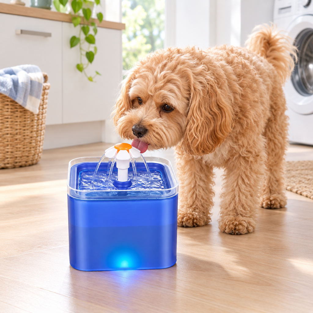 Cavoodle drinking from the blue pet water fountain with LED