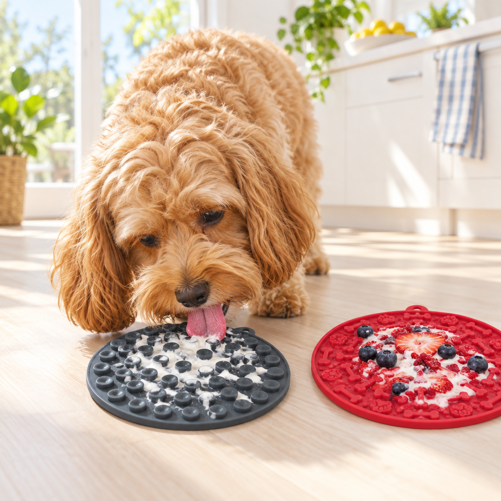 Cavoodle enjoying frozen yoghurt on a lick mat