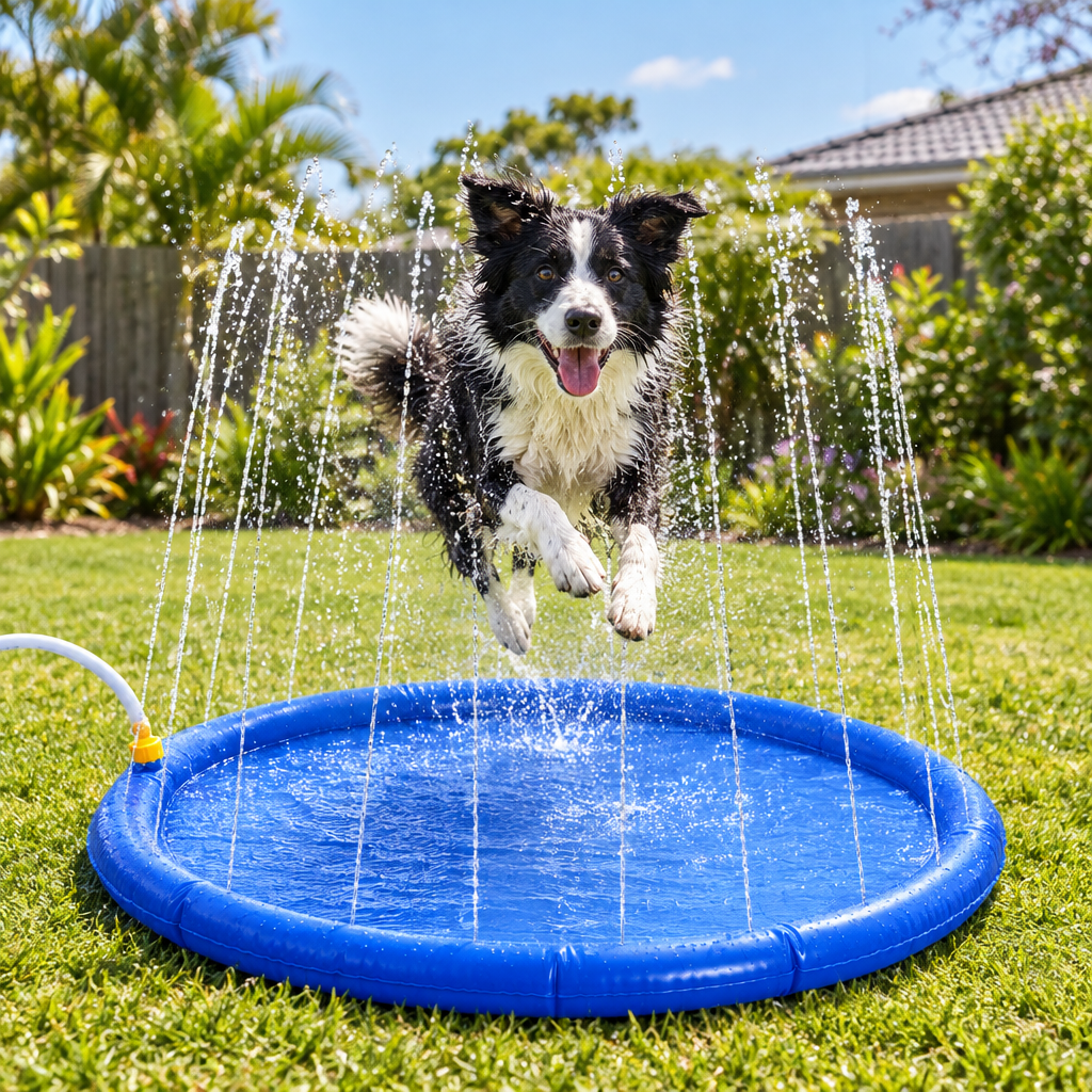 Border Collie leaping through the sprinkler splash pad