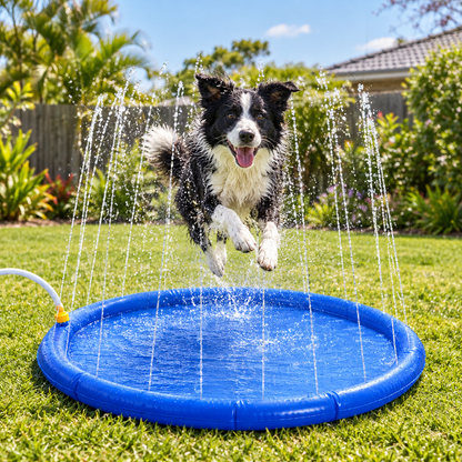 Border Collie leaping through the sprinkler splash pad