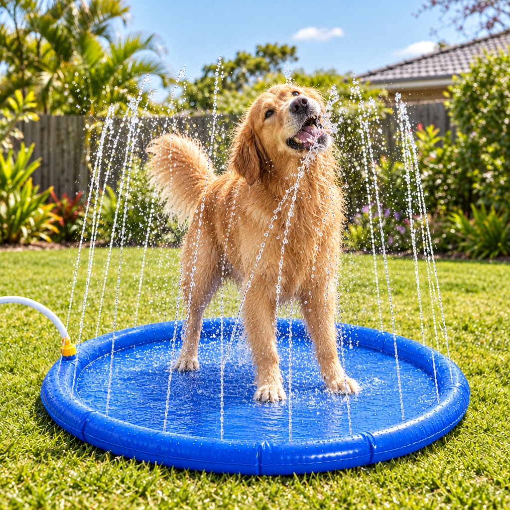 Golden Retriever playing in the sprinkler splash pad on a sunny backyard lawn