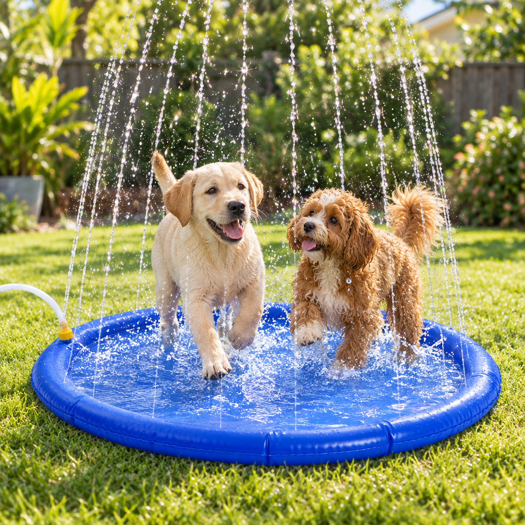 Labrador puppy and Cavoodle playing on the splash pad