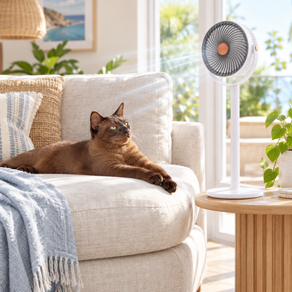 Burmese cat resting on a sofa next to a cordless cooling fan