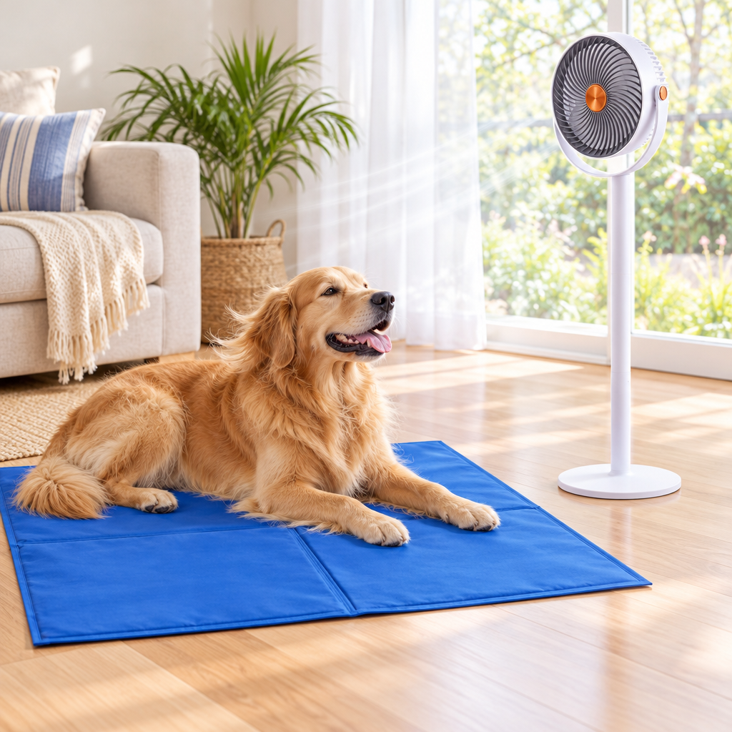 Golden Retriever relaxing on a blue cooling mat beside a cordless pet cooling fan