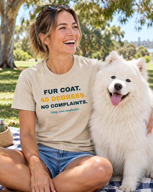 Smiling woman in a sand Fur Coat. 40 Degrees. tee at a park picnic with her Samoyed (AI-generated image)