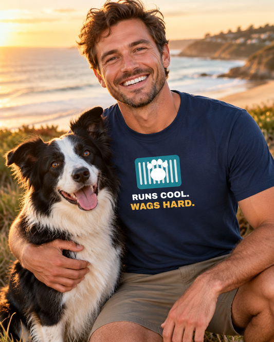 Smiling man in a navy Runs Cool. Wags Hard. tee at the beach with his Border Collie (AI-generated image)