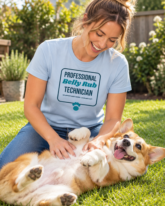 Laughing woman in a light blue Professional Belly Rub Technician tee giving her Corgi a belly rub (AI-generated image)