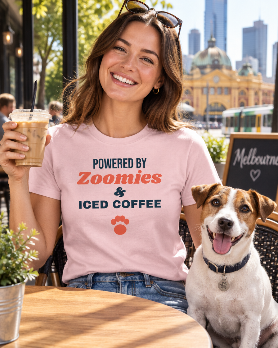 Smiling woman in a light pink Powered by Zoomies and Iced Coffee tee at a Melbourne cafe with her Jack Russell (AI-generated image)