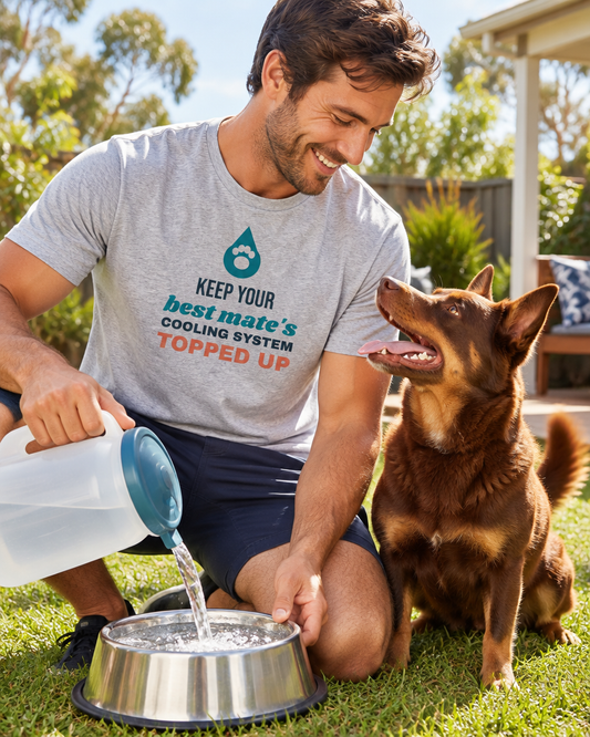 Smiling man in a grey Keep Your Best Mate Topped Up tee filling a water bowl for his red Kelpie (AI-generated image)