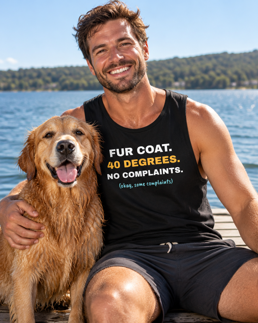 Smiling man in a black Fur Coat. 40 Degrees. singlet on a lake jetty with his Golden Retriever (AI-generated image)
