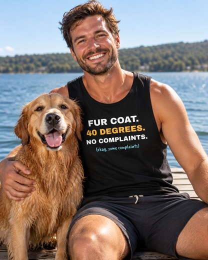 Smiling man in a black Fur Coat. 40 Degrees. singlet on a lake jetty with his Golden Retriever (AI-generated image)