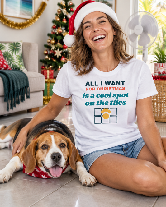 Laughing woman in a Santa hat and white Christmas tee sitting on the tiles with her Beagle (AI-generated image)