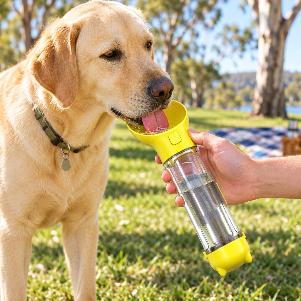 Labrador drinking from the yellow travel bottle in a park