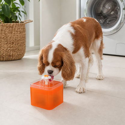 Cavalier King Charles Spaniel drinking from the Orange 2L pet water fountain