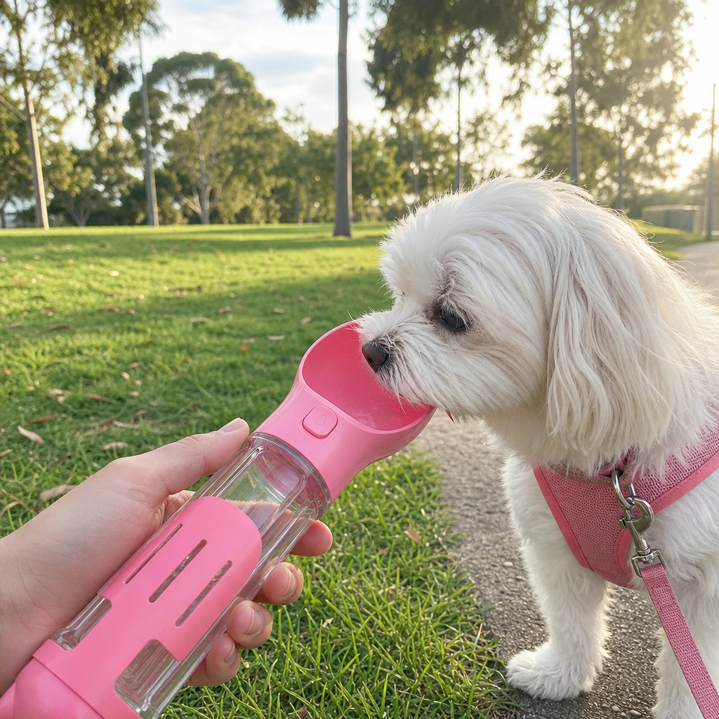 Maltese drinking from the Pink leak-proof dog travel water bottle on a park walk