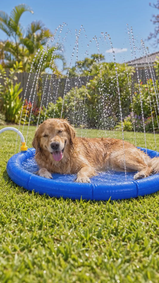 Golden Retriever rolling happily in the sprinkler splash pad