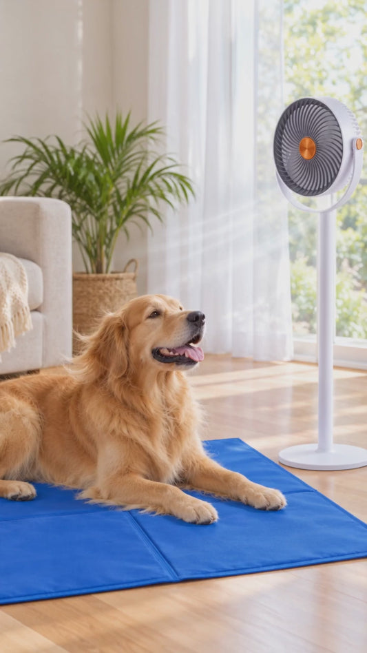Golden Retriever relaxing on a cooling mat beside the cordless pet fan