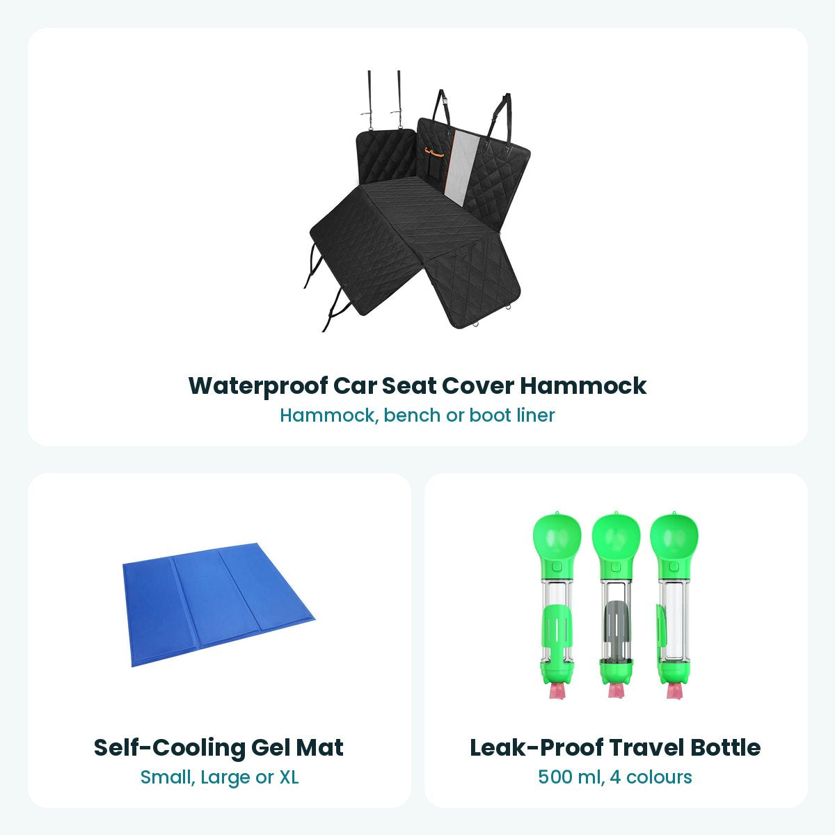What's in the Road Trip Kit: car seat cover hammock, self-cooling gel mat and travel bottle