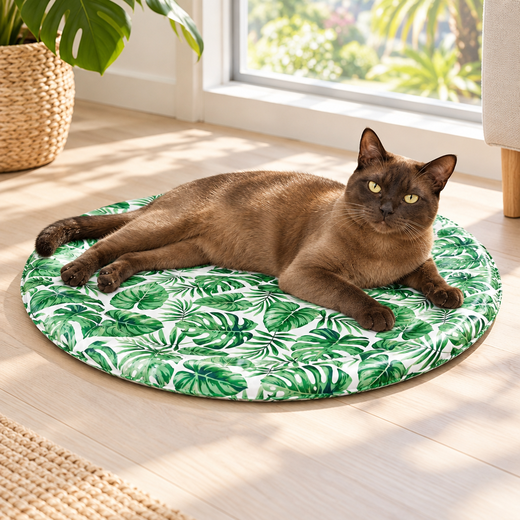 Burmese cat relaxing on the round cooling bed