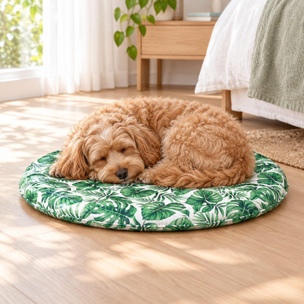 Cavoodle asleep on the round cooling bed with leaf print