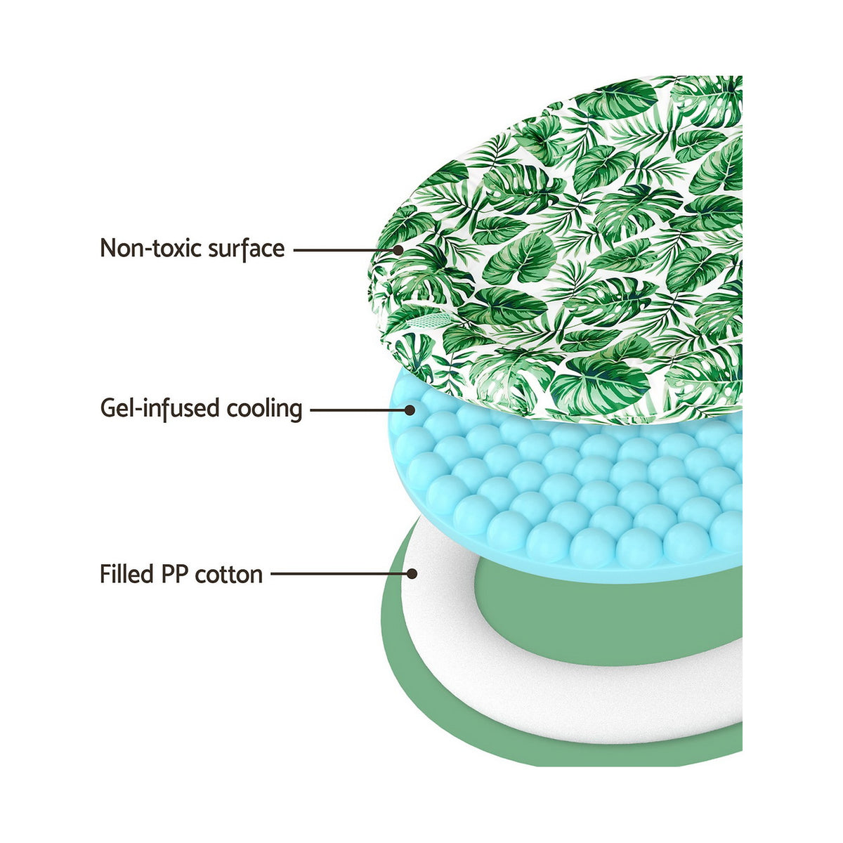 Round cooling bed layers: non-toxic surface, gel cooling layer, PP cotton