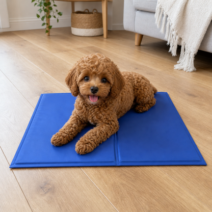 Cavoodle puppy lying on the Small 50 x 40 cm gel cooling mat